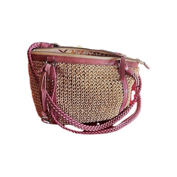Brighton Woven Straw Raffia Macrame Medium Tan w Pink Shoulder Handbag As Is - Picture 1 of 15